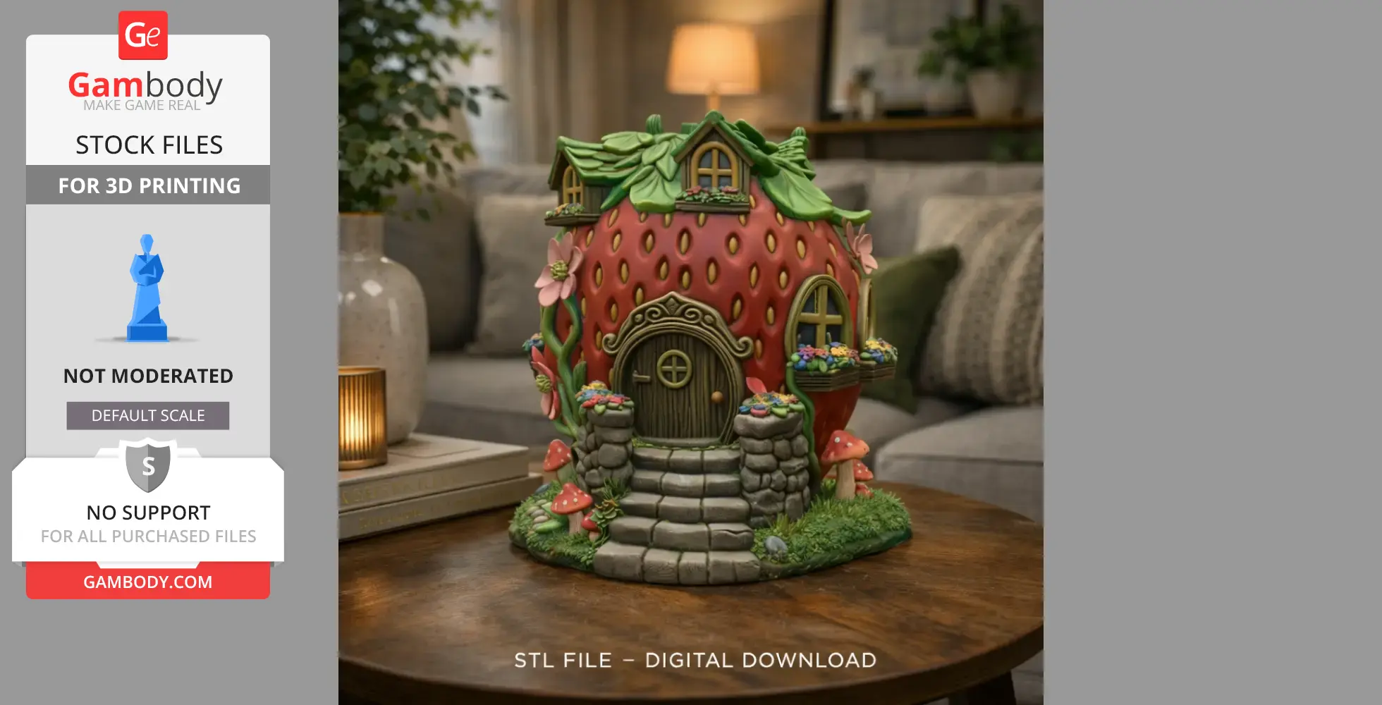A whimsical cottage shaped like a strawberry with leafy roof and stone steps, set in a cozy room.