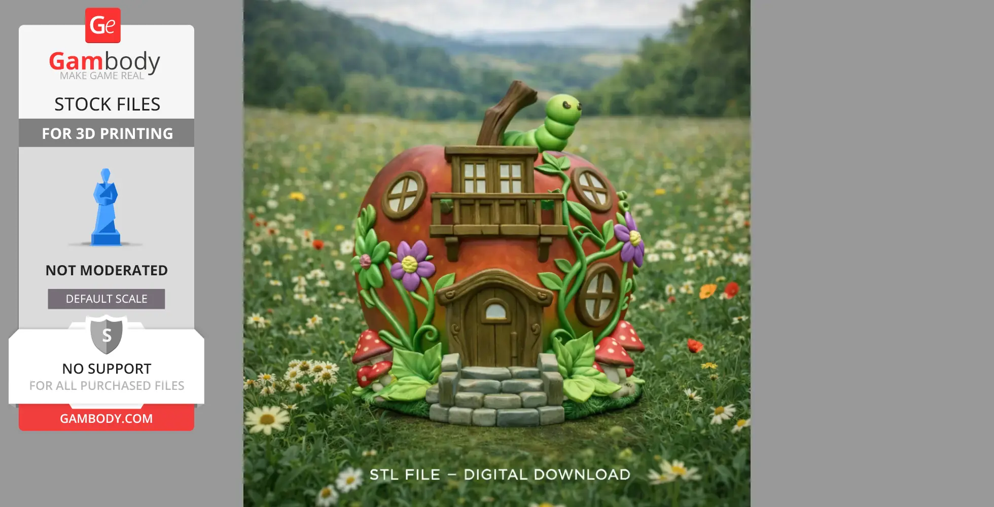 Charming apple-shaped cottage with windows, doors, flowers, and a caterpillar on top.