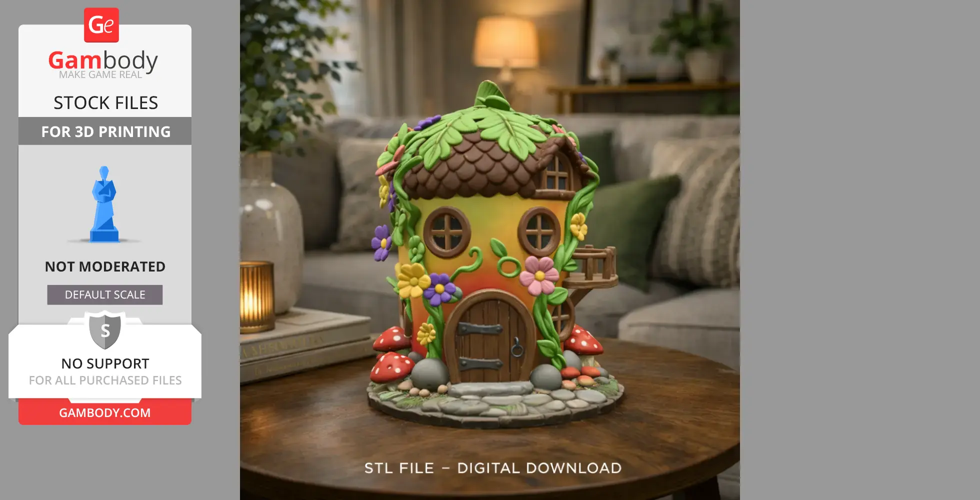 Whimsical fairy garden cottage with floral decor, round windows, and mushroom accents, perfect for 3D printing.