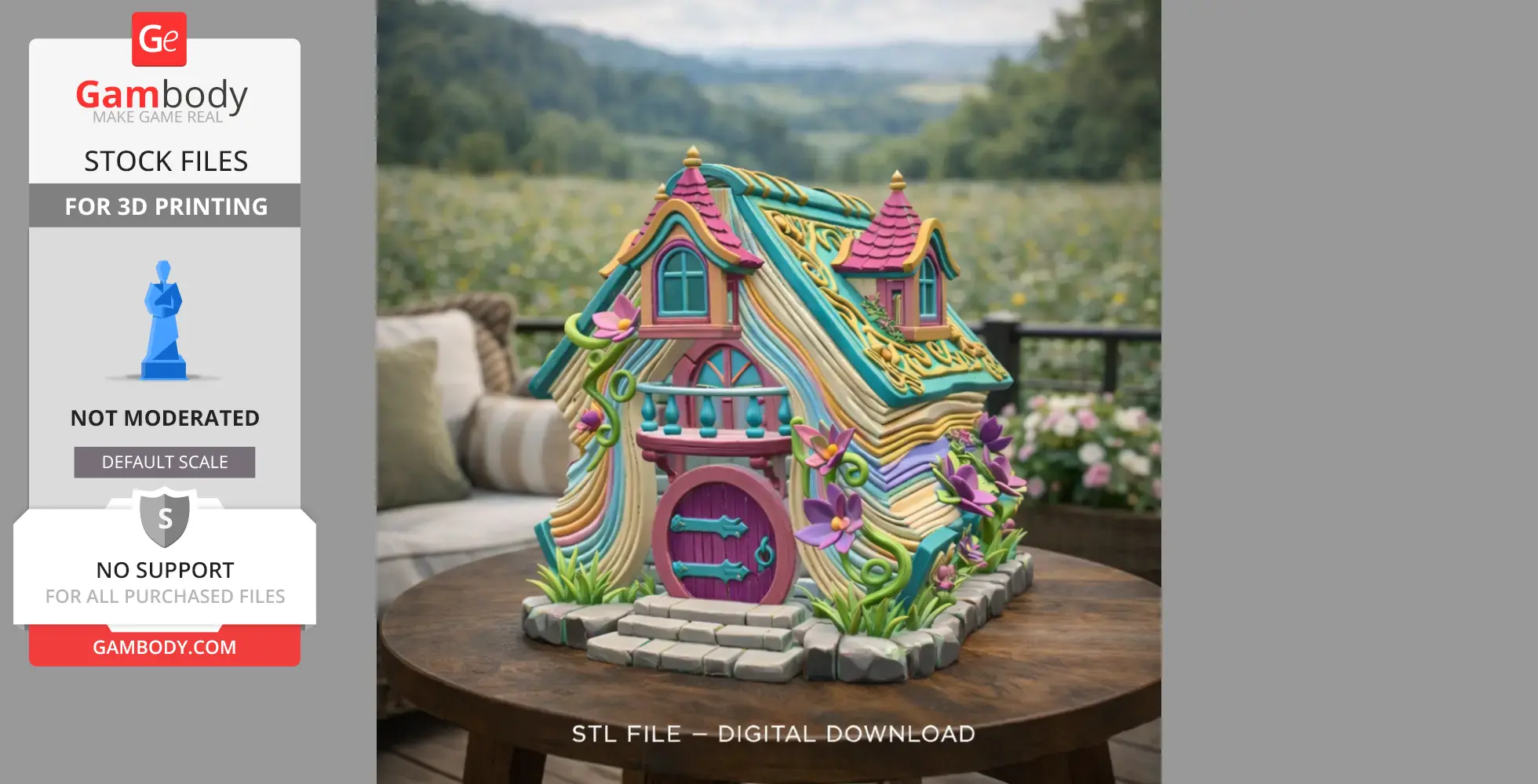 Whimsical cottage with colorful roof and floral decor on a wooden table, set in a lush garden backdrop.