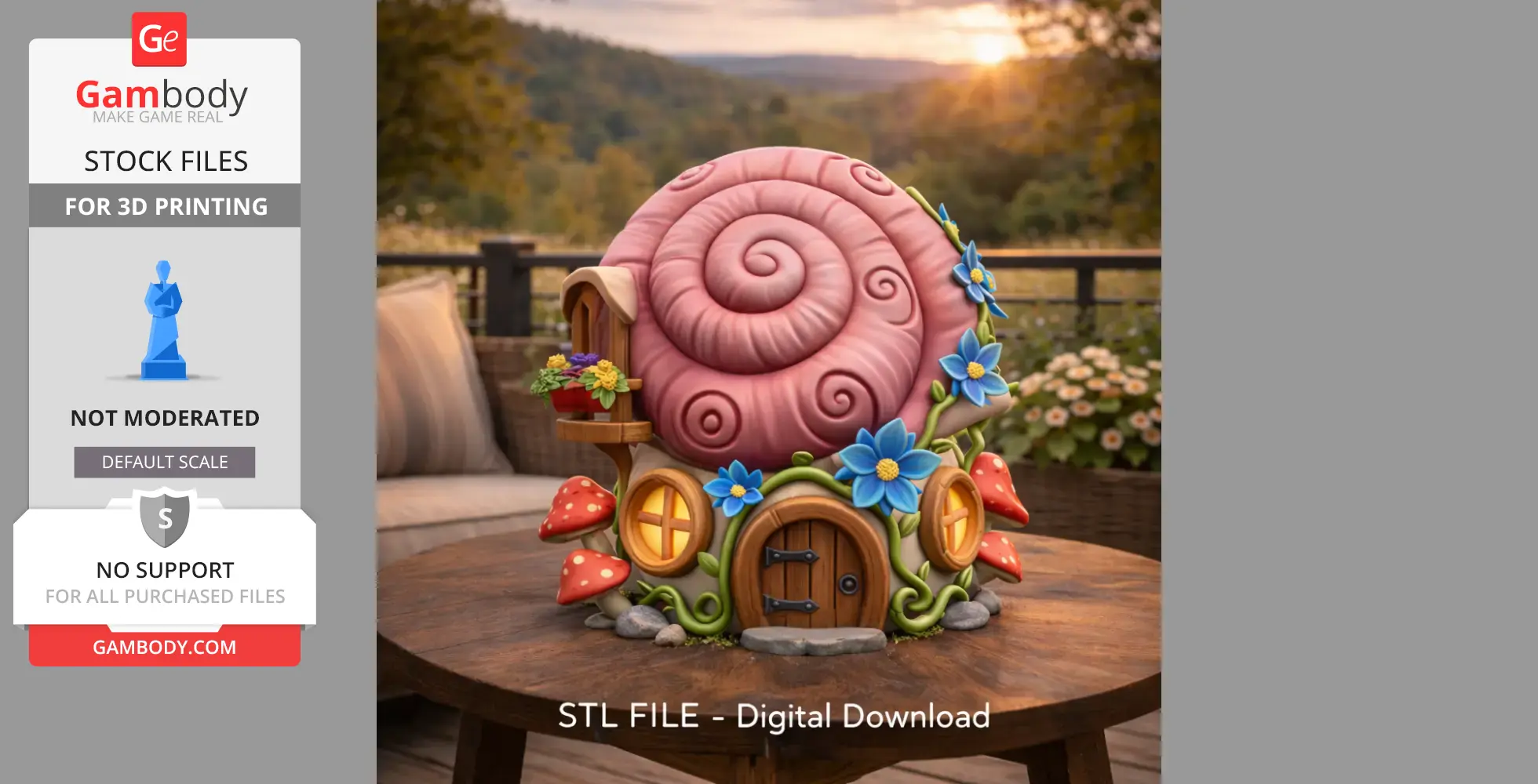 A whimsical snail shell cottage with windows, doors, blue flowers, and red mushrooms on a table.