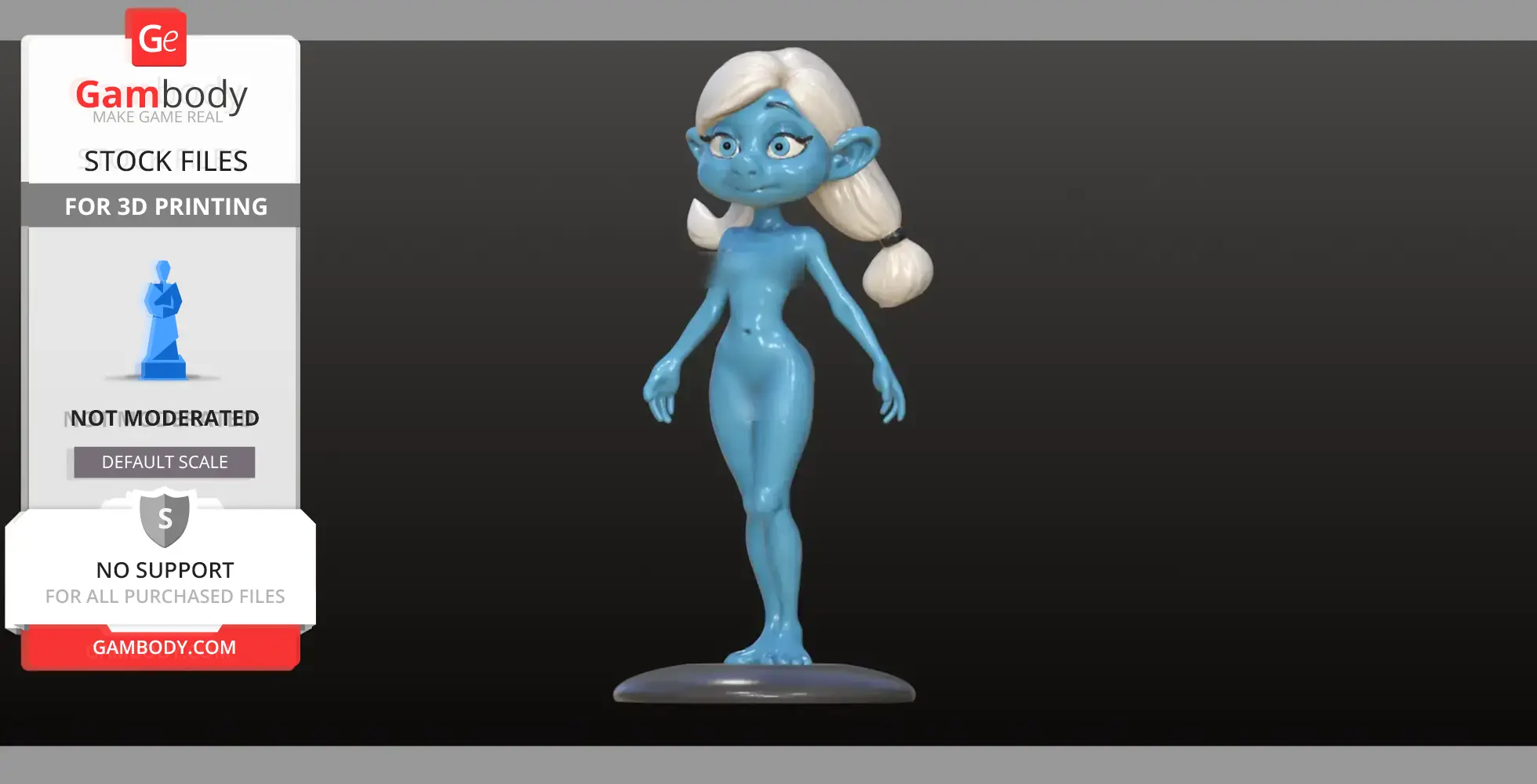 A 3D model of a blue, cartoon-like character with white hair standing on a base.