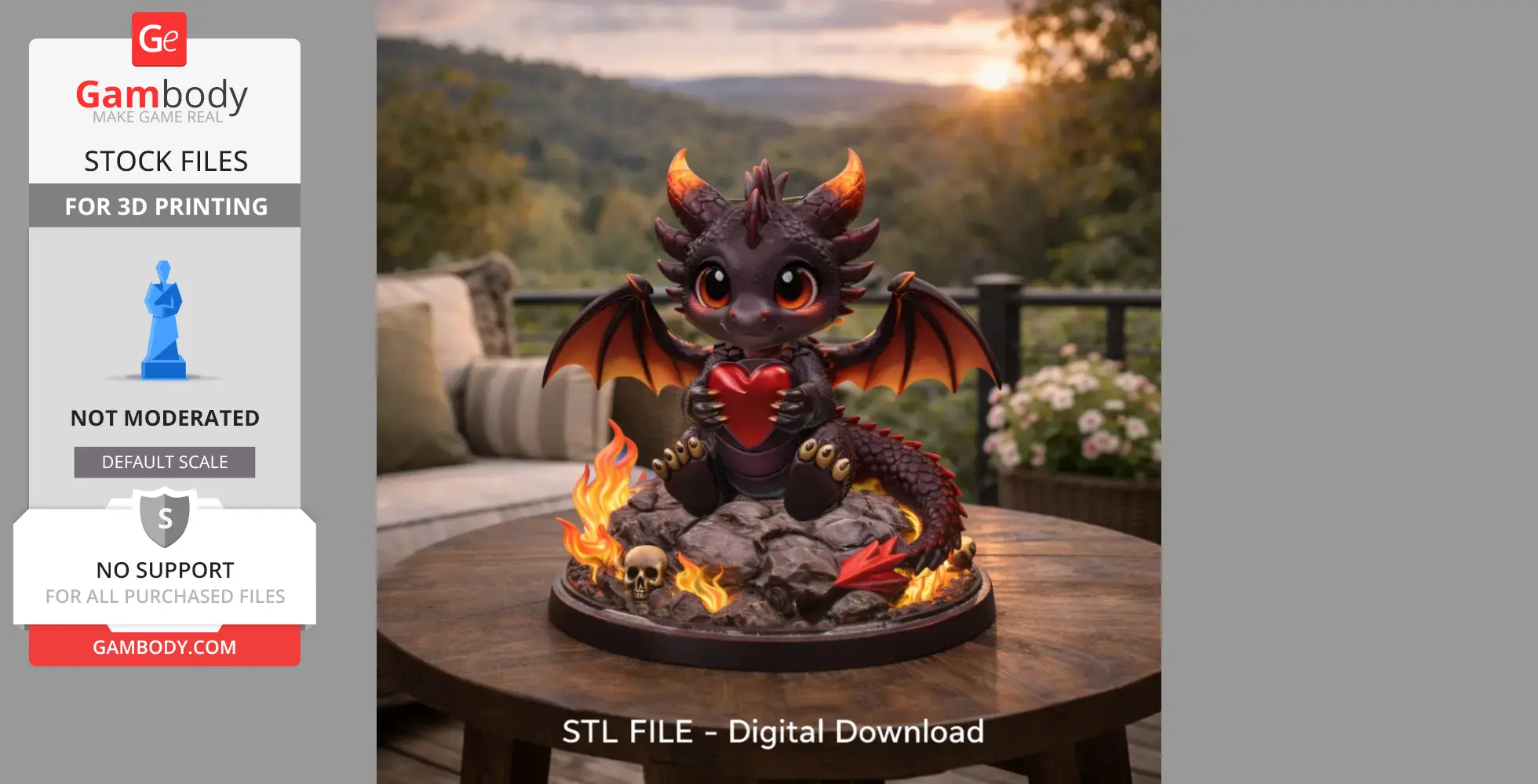 Cute chibi dragon with large eyes, holding a heart, surrounded by flames and skulls on a rock base.