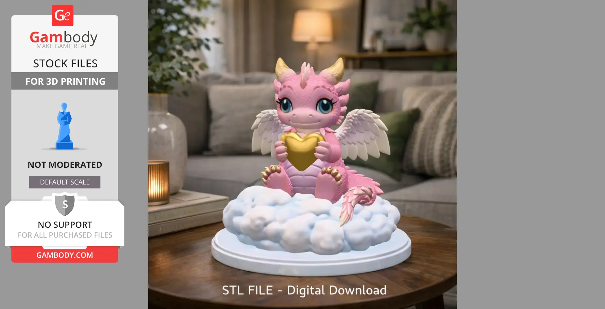 A cute pink dragon with wings holds a heart, sitting on a cloud, designed for 3D printing.