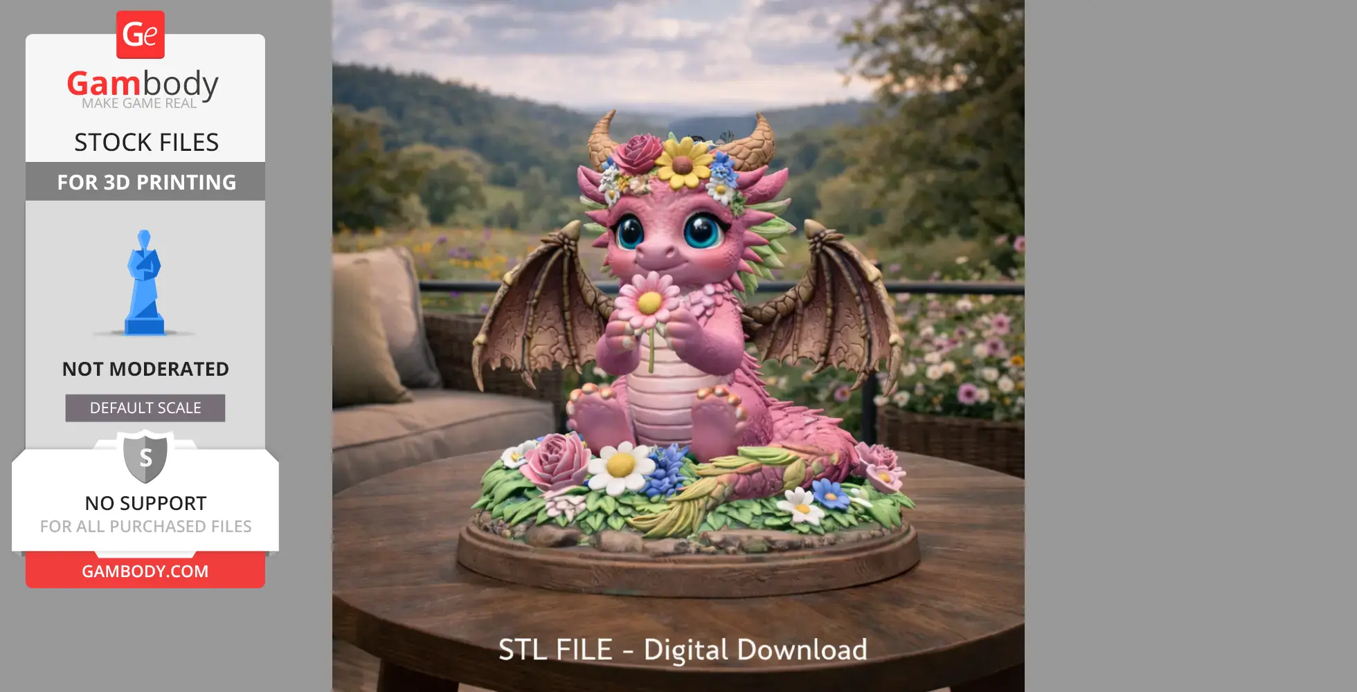 A cute pink dragon with large eyes holds a flower, surrounded by colorful floral decorations.