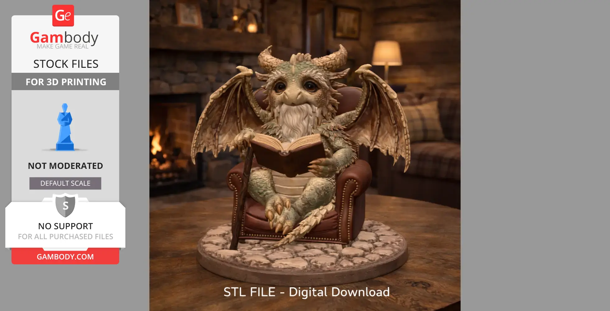 A wise dragon with wings and beard, reading a book on a chair. Cozy room setting. 3D print model.