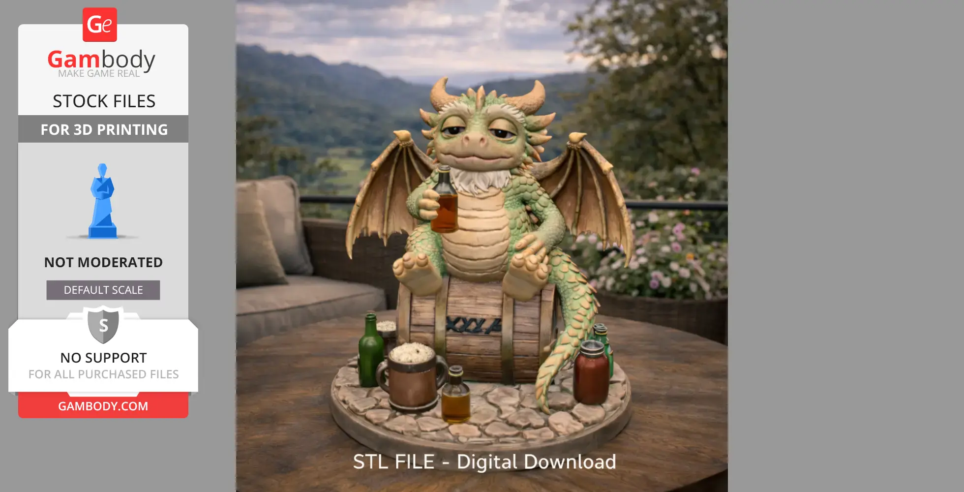 Cute dragon on a barrel with drinks, relaxing in a scenic outdoor setting.