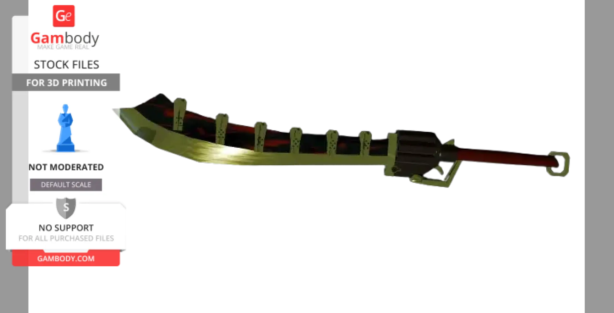 Ornate golden sci-fi sword with a serrated spine and a red handle for 3D printing.
