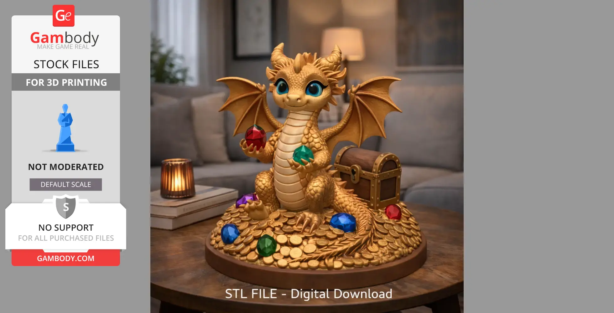 Cute dragon on treasure pile, holding gems, small chest nearby. Perfect for 3D print enthusiasts.