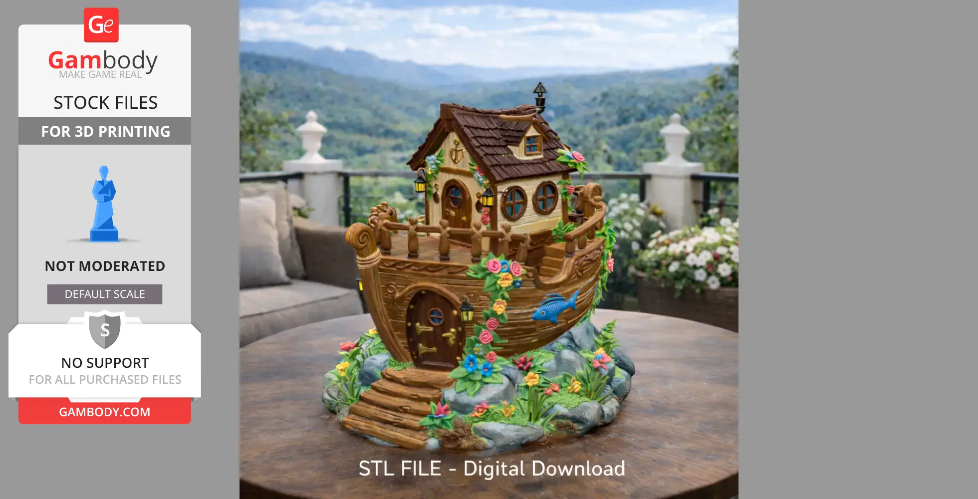 Enchanted ship-shaped cottage model with a garden, flowers, and intricate details on a table.