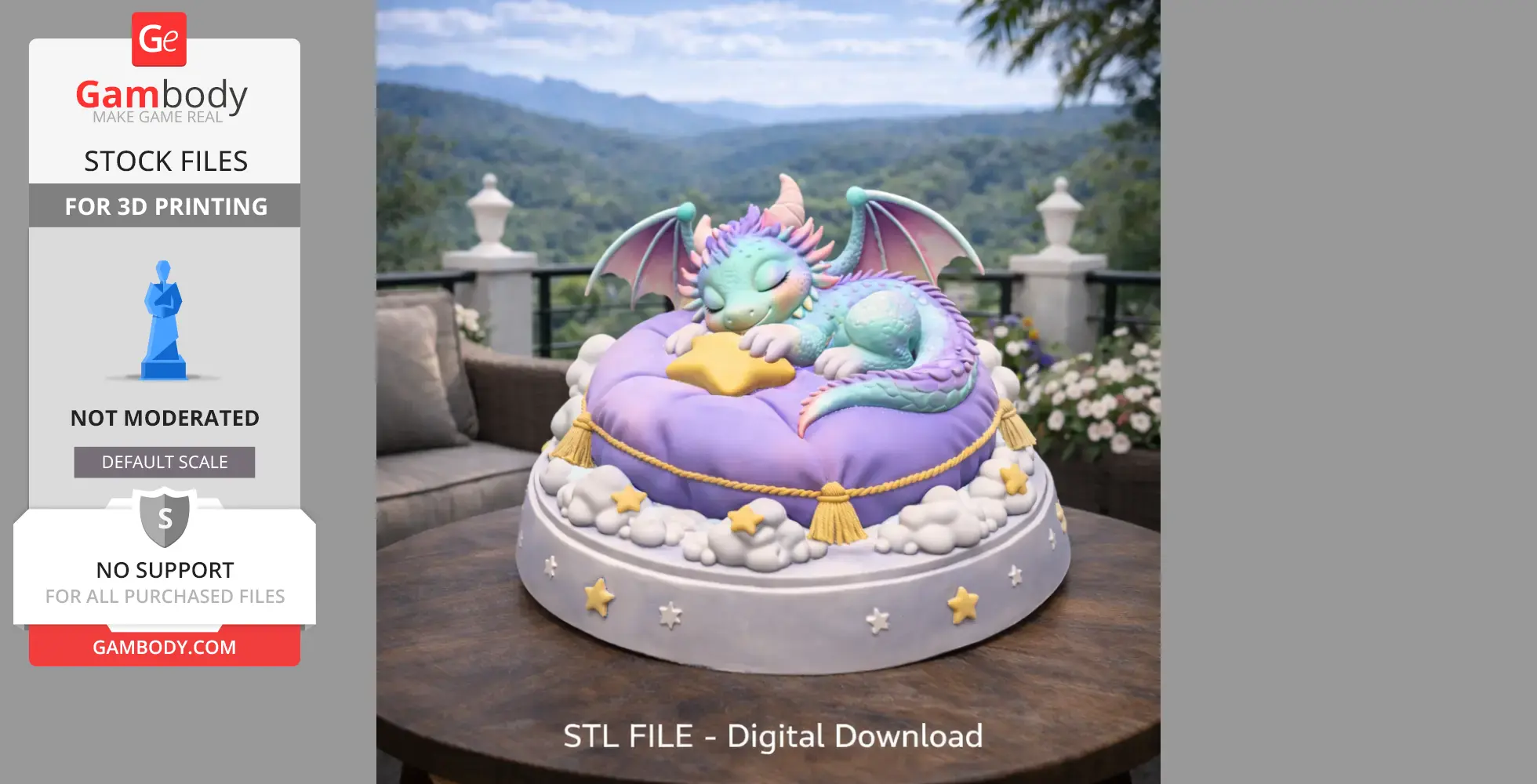 A cute sleeping dragon on a starry, cloud-themed cushion.