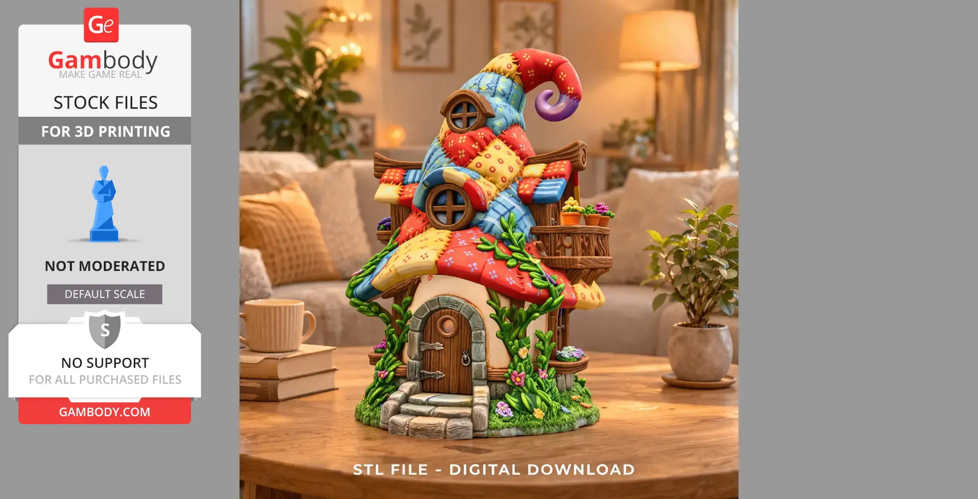 Whimsical patchwork cottage model for 3D printing, with colorful quilted roof and rustic details.