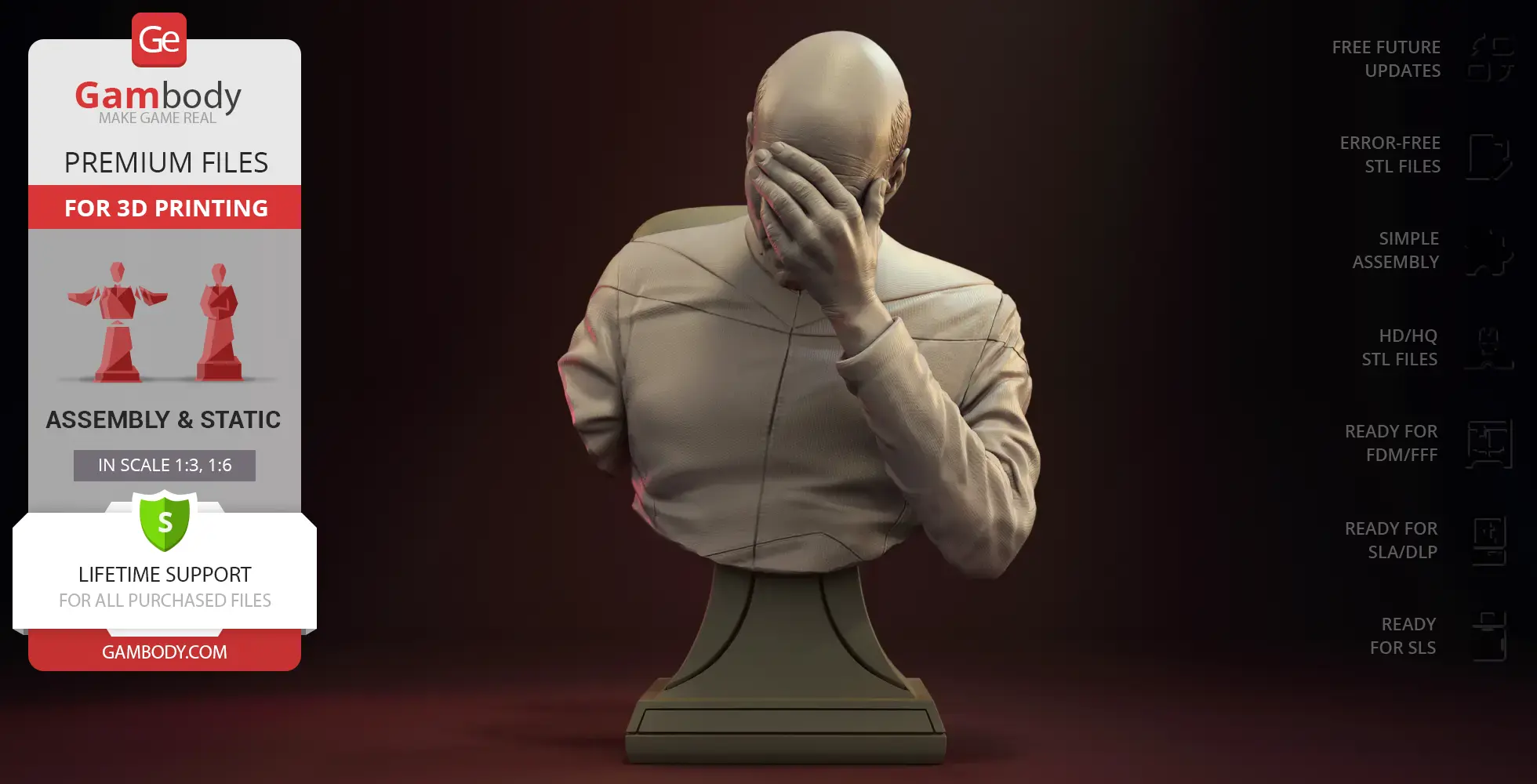 A 3D bust of a figure facepalming in a Star Trek uniform on a display pedestal.