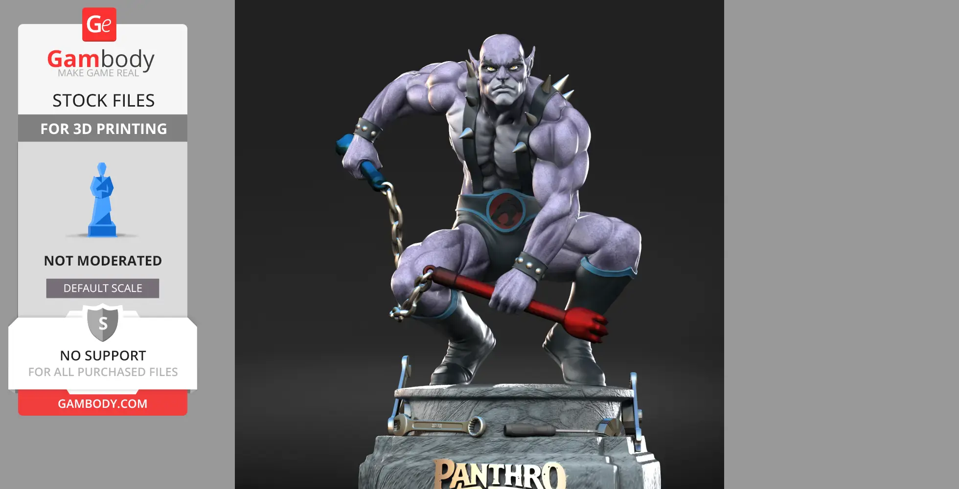 A muscular character with purple skin holding nunchucks, crouched on a base labeled 'PANTHRO.'