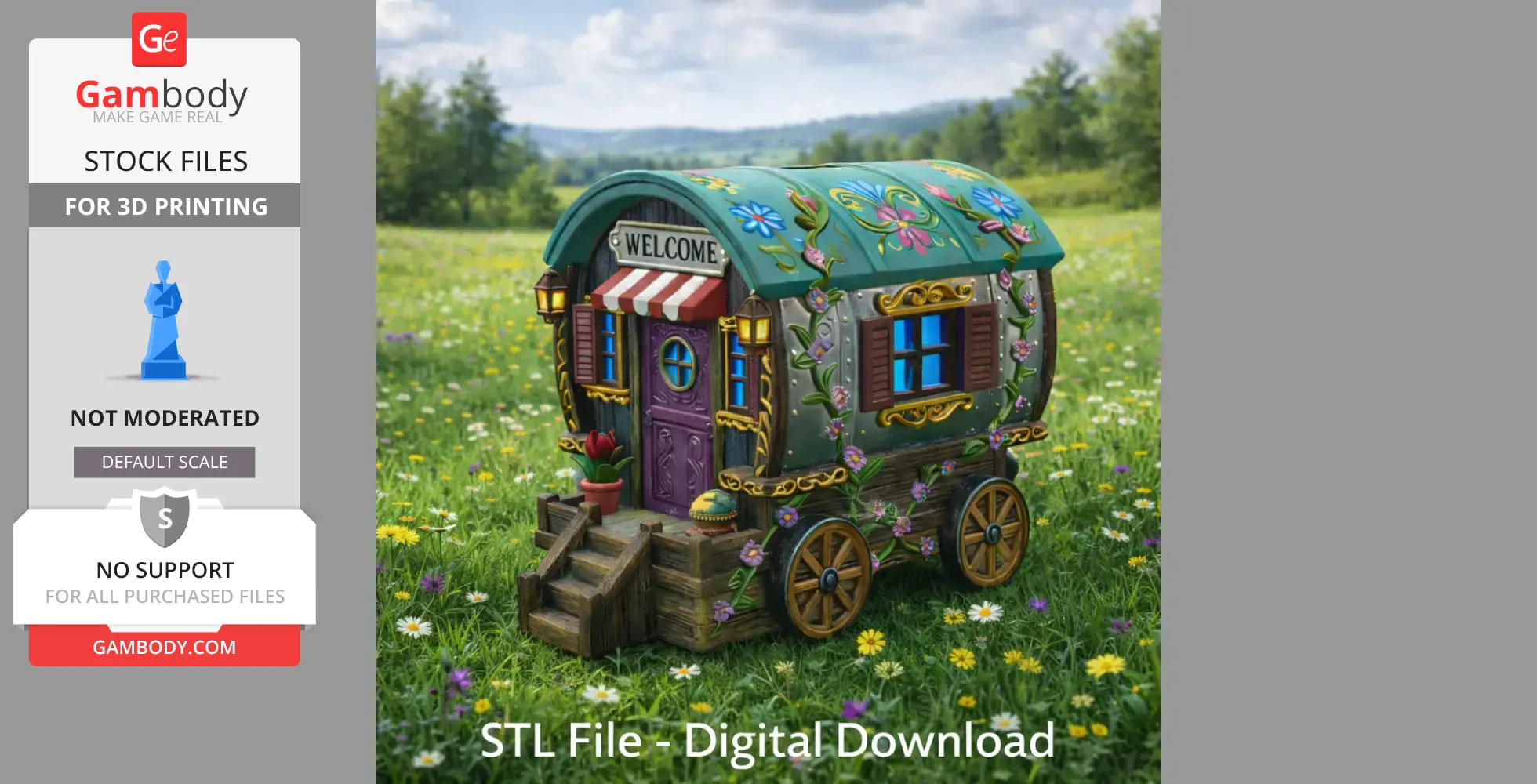 A colorful gypsy wagon cottage with ornate designs, situated in a lush, flower-filled meadow.