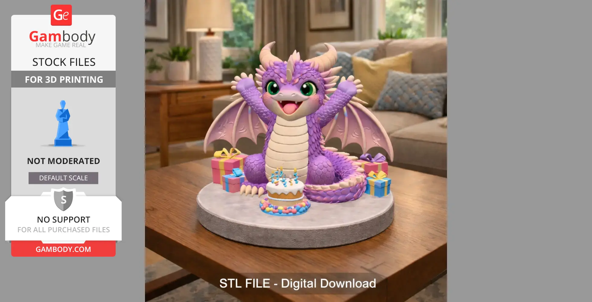 A cute purple dragon with gifts and a cake, arms raised in celebration, on a round platform.