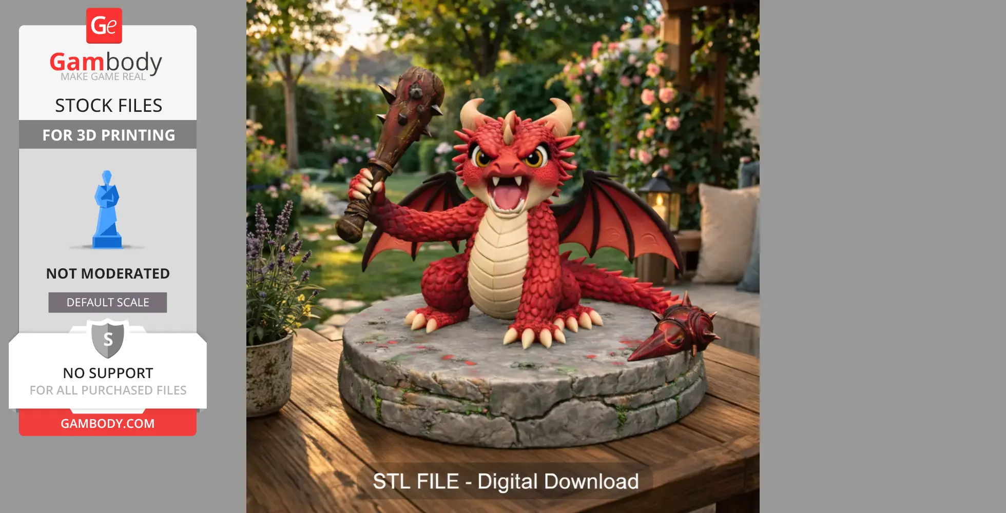 A small, fierce red dragon holds a spiked club, standing on a stone base.
