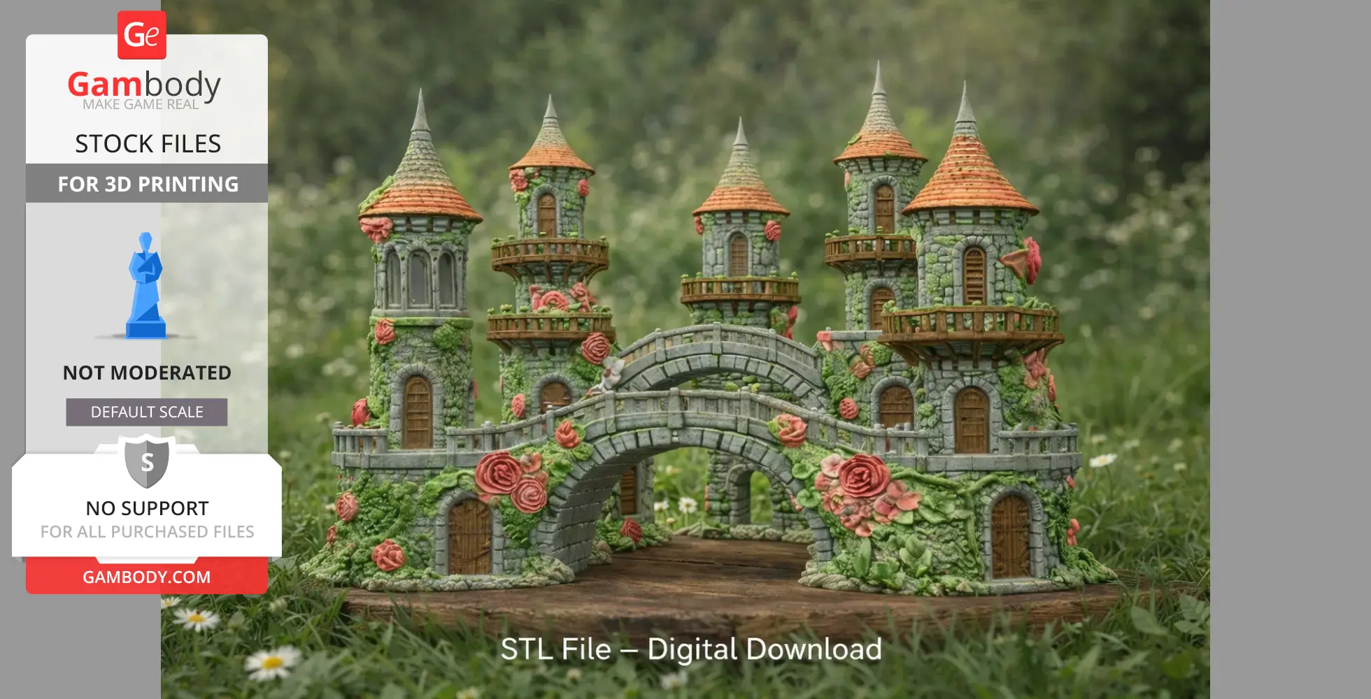 Enchanted bridge with stone towers, red roofs, and rose decorations in a lush green setting.
