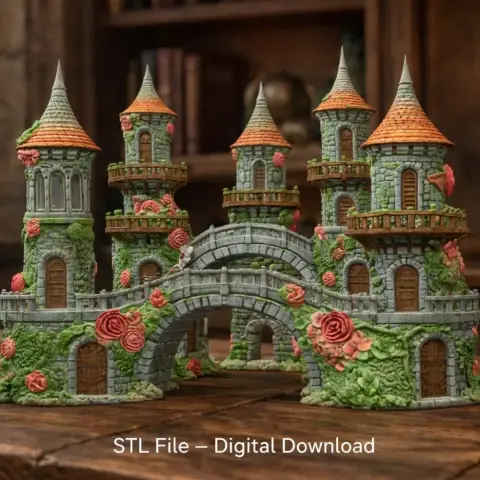 Enchanted Rose Castle Bridge Cottage STL File for 3D Printing