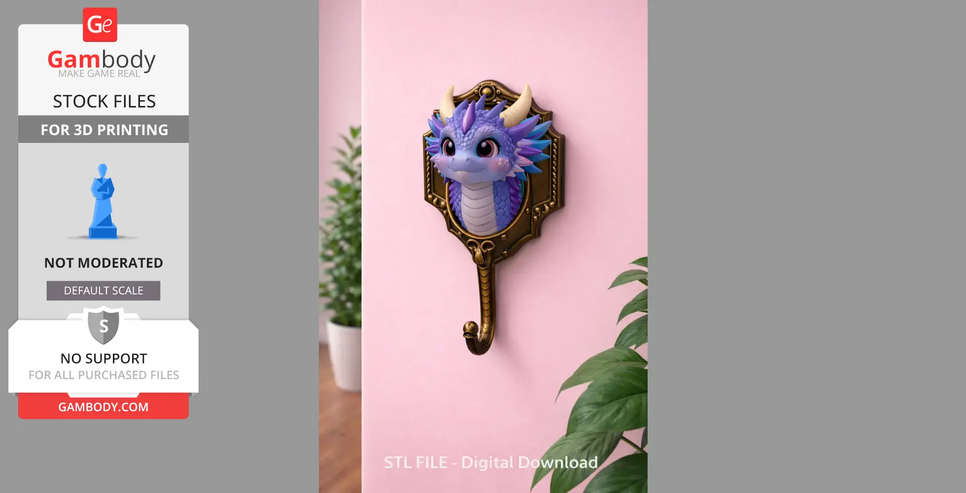 A cute dragon head mounted on a decorative wall hook with a pink background.