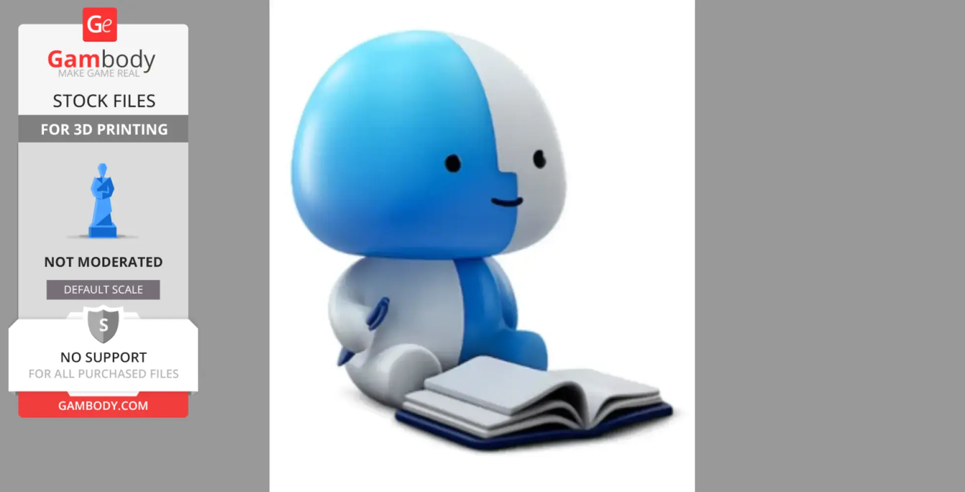 Cute, blue and white cartoon figure with large head, sitting, holding a pen, next to open book.