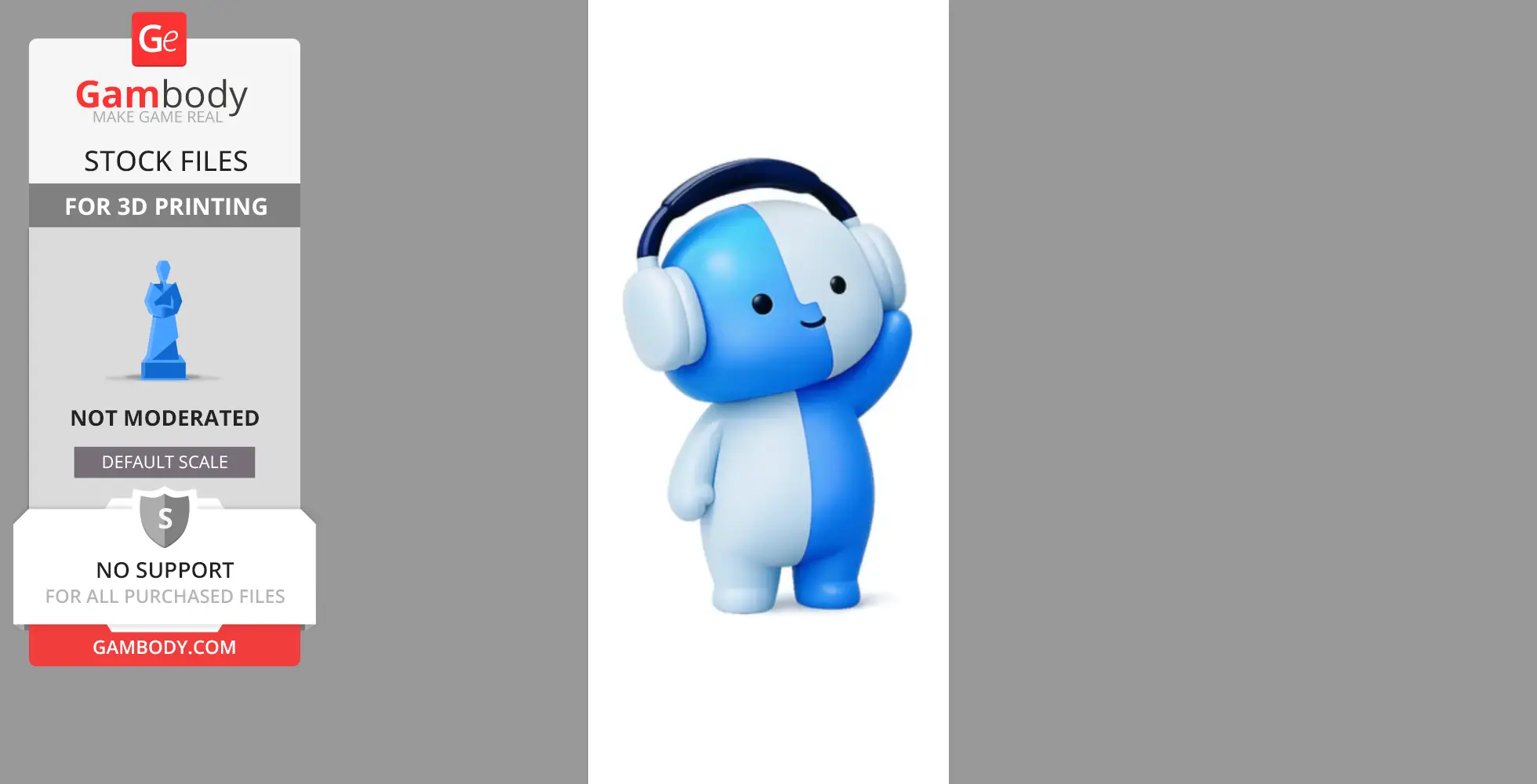 A cute blue and white character with headphones waving, designed for 3D printing.