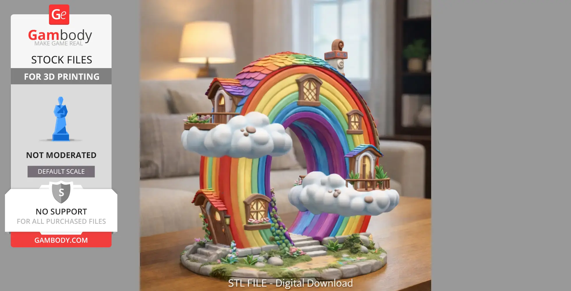 Colorful fairy house with a rainbow arch, fluffy clouds, and small windows on a grassy base.