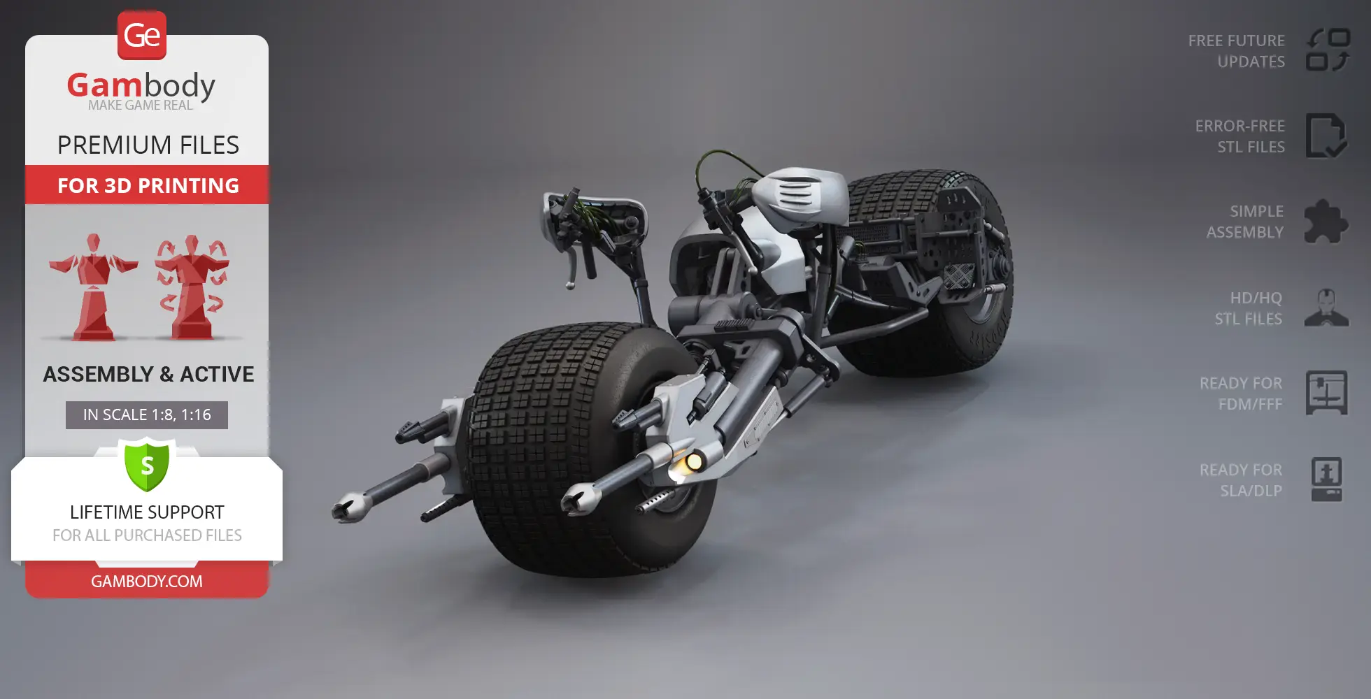 A 3D model of the Batpod motorcycle from The Dark Knight, designed for 3D printing.