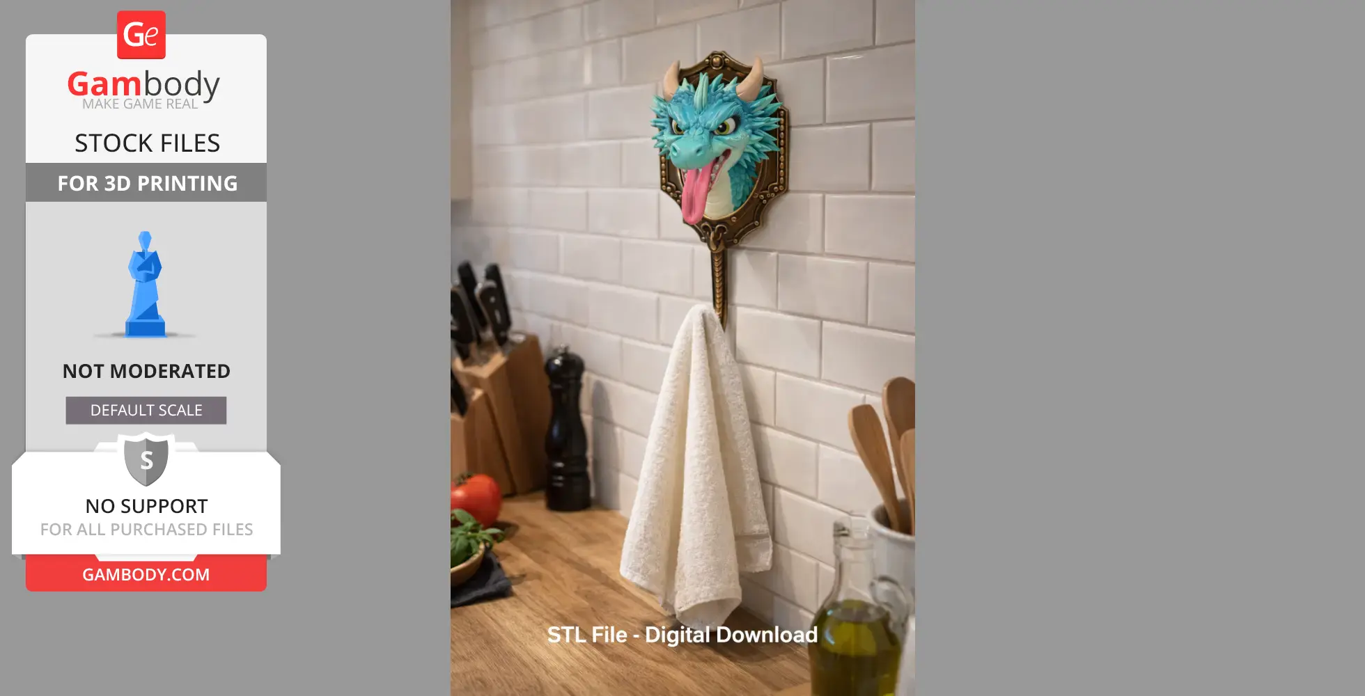 Dragon head wall hook holding a white towel in a kitchen setting.