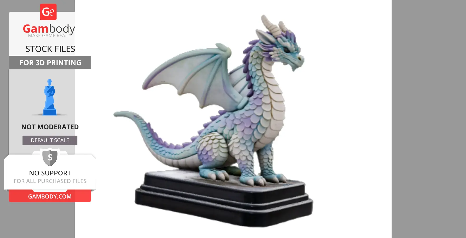 Pastel-colored stylized Western dragon model with wings, on a display stand. Perfect for 3D printing.