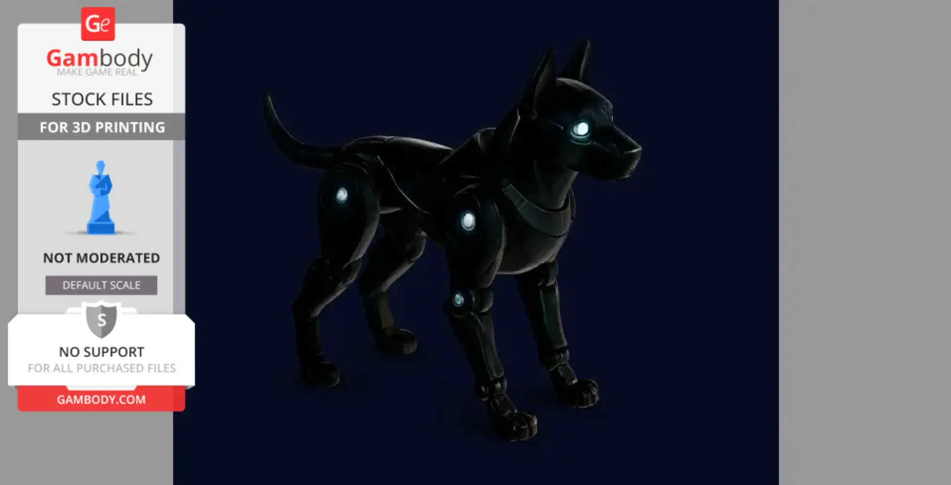 Futuristic robot dog model with glowing joints and eyes, designed for 3D printing.