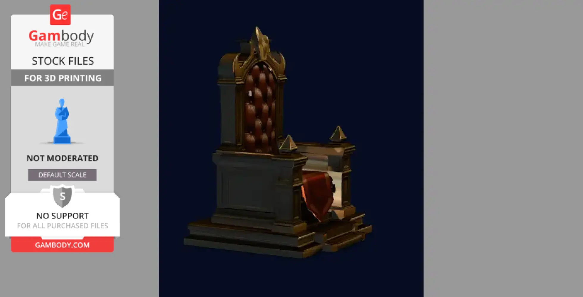 Elegant 3D printable royal throne with intricate details and cushioned back.