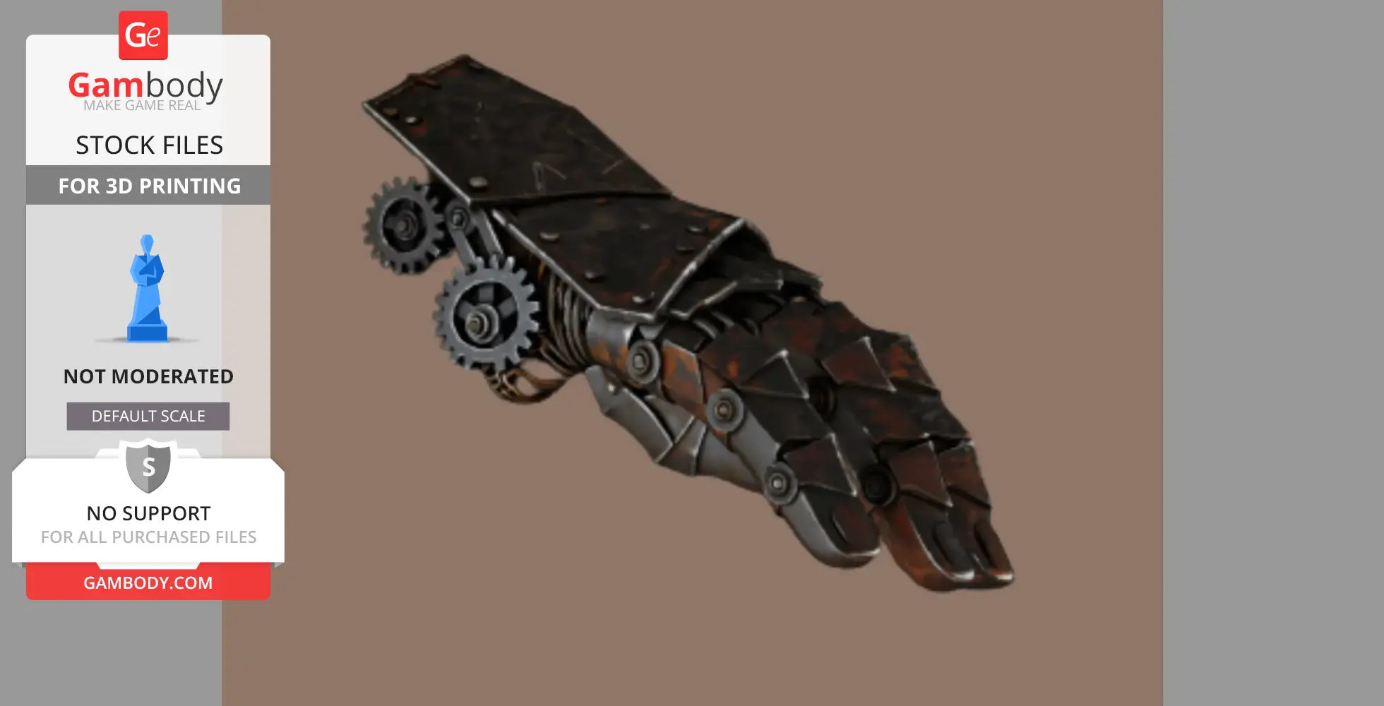 A detailed, steampunk-style mechanical robotic hand with gears, ideal for 3D printing.