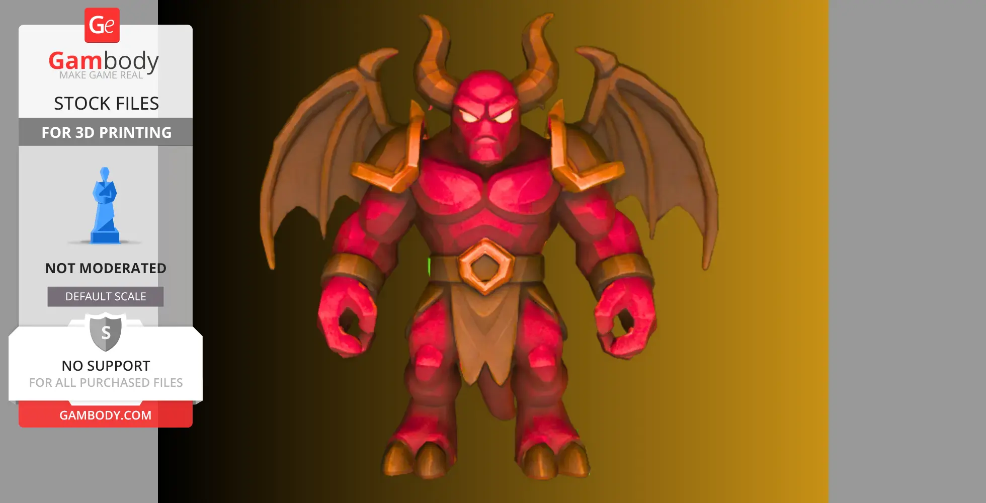 A red demon with horns, wings, and armor stands ready for 3D printing.