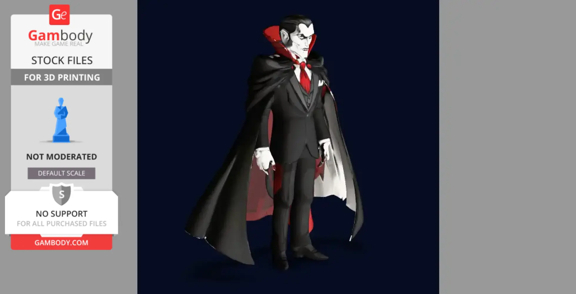 3D vampire character model wearing a black suit and cape with red accents, ready for 3D printing.