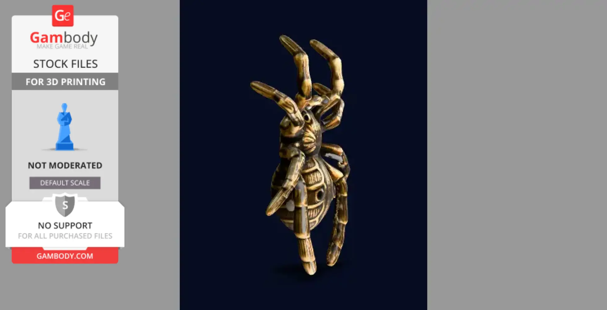 A detailed 3D printable spider model in a metallic bronze color, displayed on a dark background.