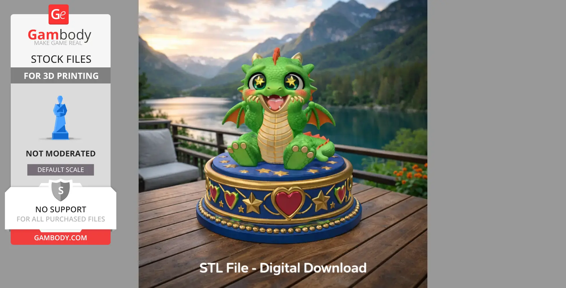 A cute, excited baby dragon figurine with starry eyes on a decorated base, set outdoors by a lake.