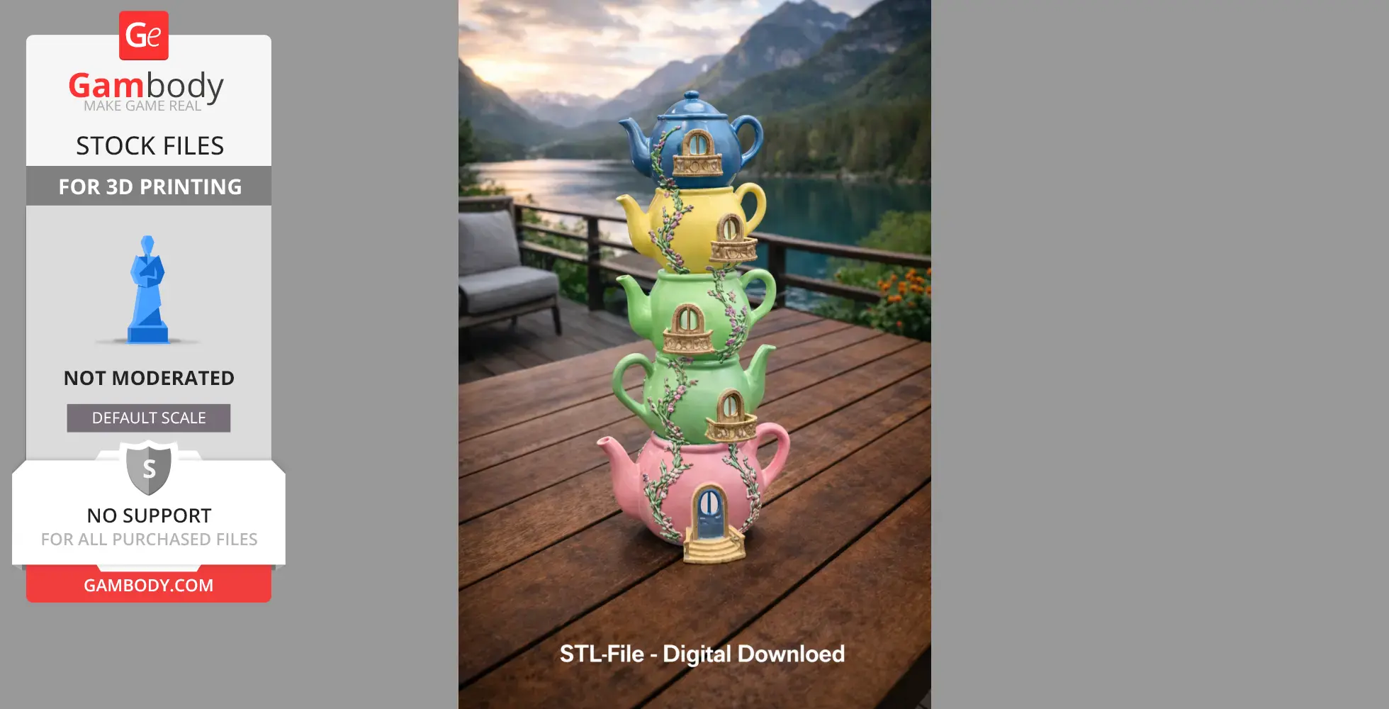 Stacked colorful teapots with doors and floral details, resembling a whimsical tower.