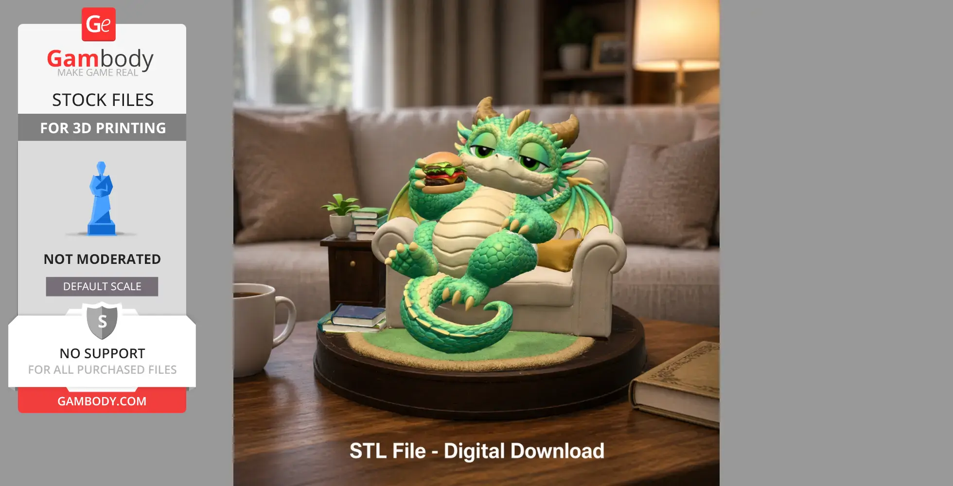 A cute green dragon lounging on a chair, holding a burger, with books nearby.