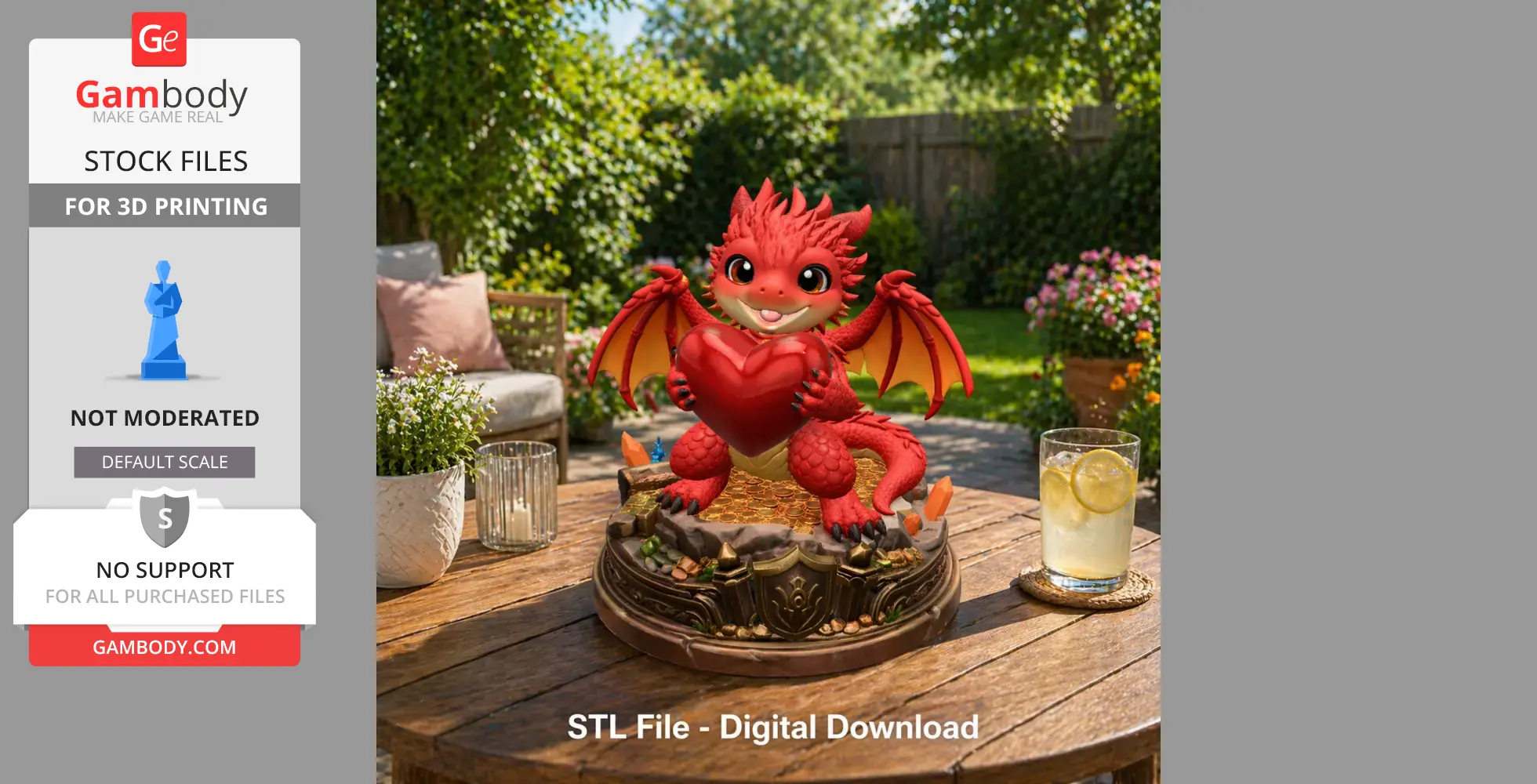 Cute red dragon holding a heart, seated on a decorative base, suitable for 3D printing.