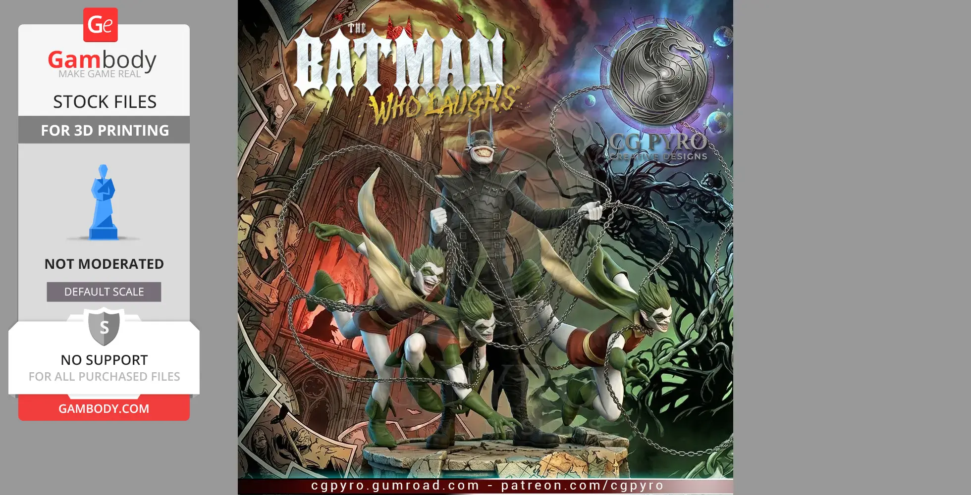 A dark, sinister character holds chains with three creepy, grinning figures in a chaotic background.