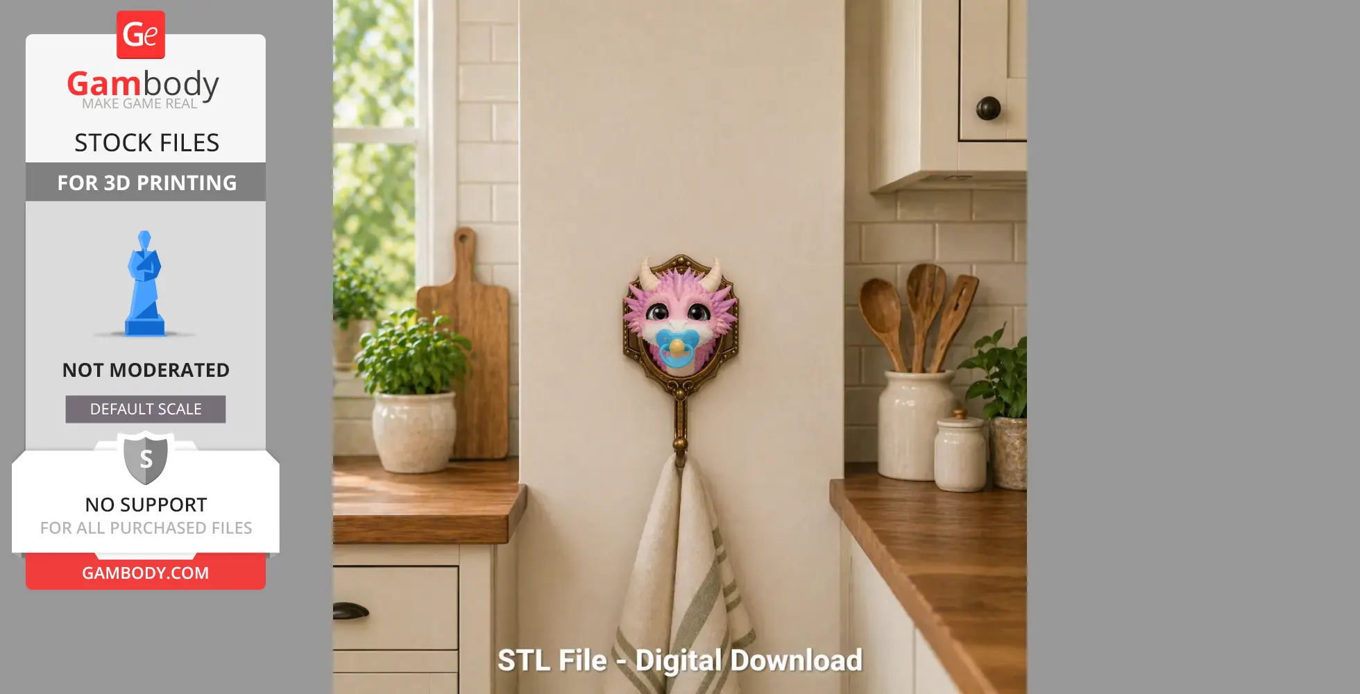 Cute pink baby dragon wall hook with horns, holding a pacifier, used to hang a towel.