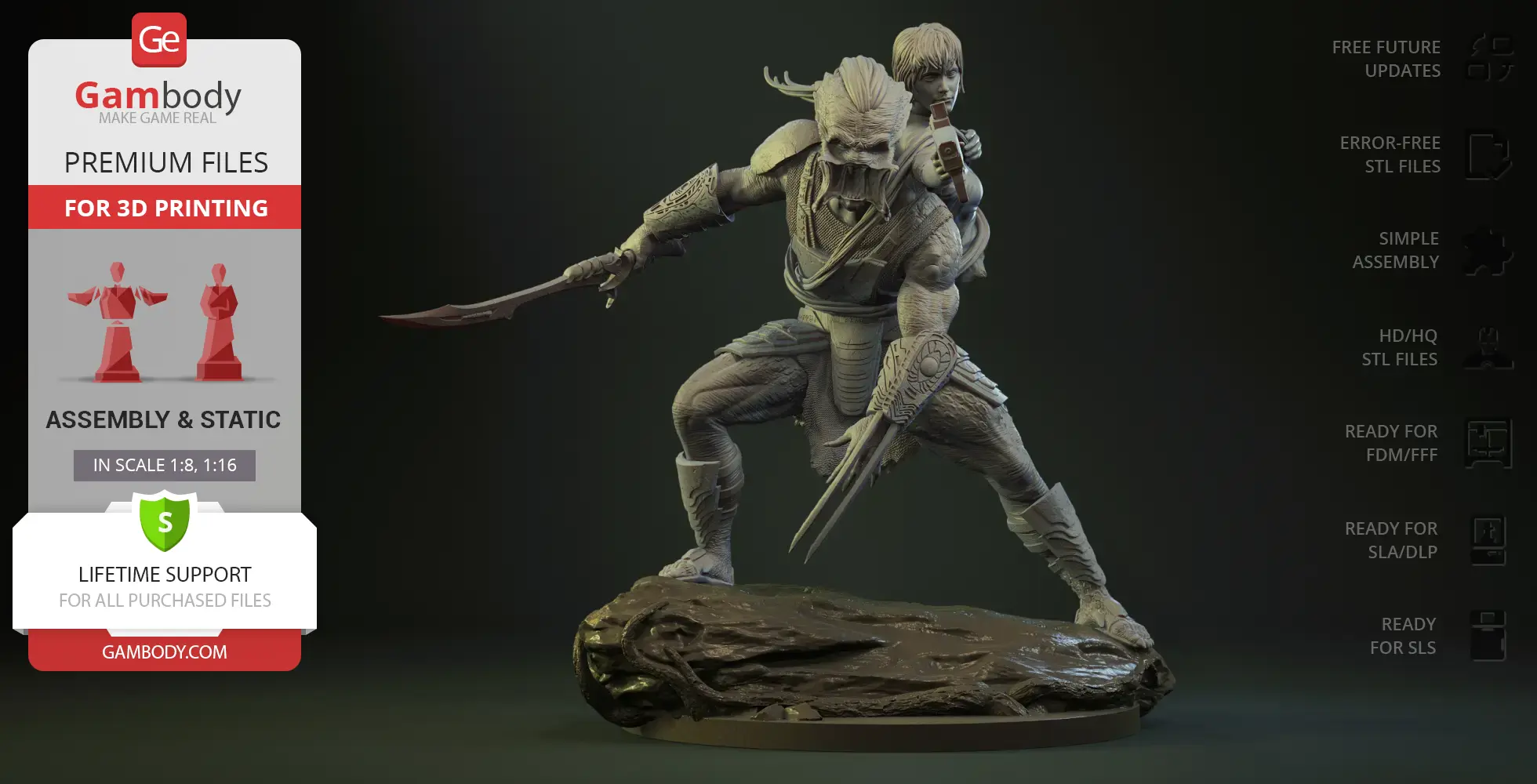A detailed 3D model of an alien warrior crouching with weapons drawn, featuring intricate armor and textures.