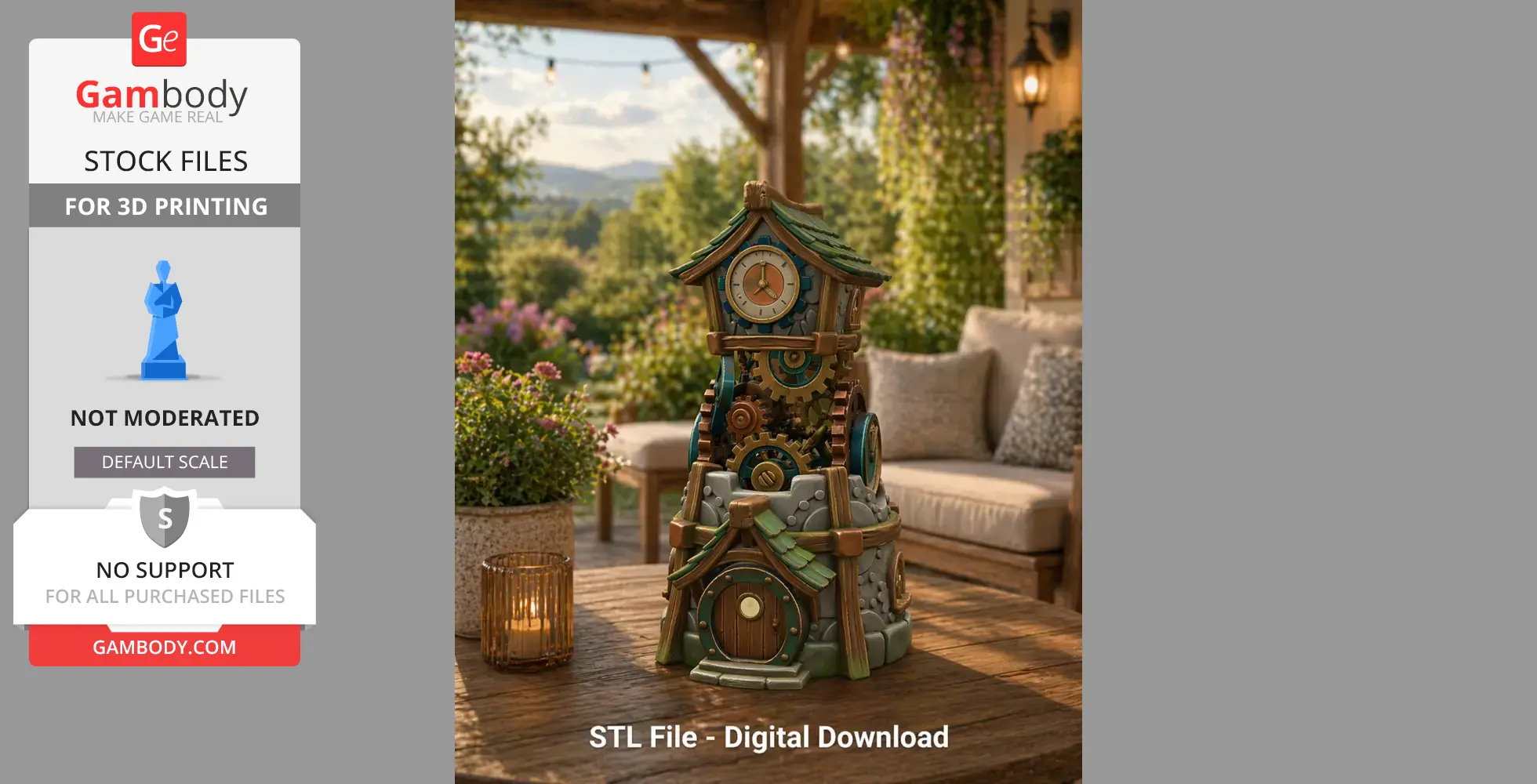 Ornate fantasy clock tower model with gears and rustic design, set on a cozy outdoor patio.