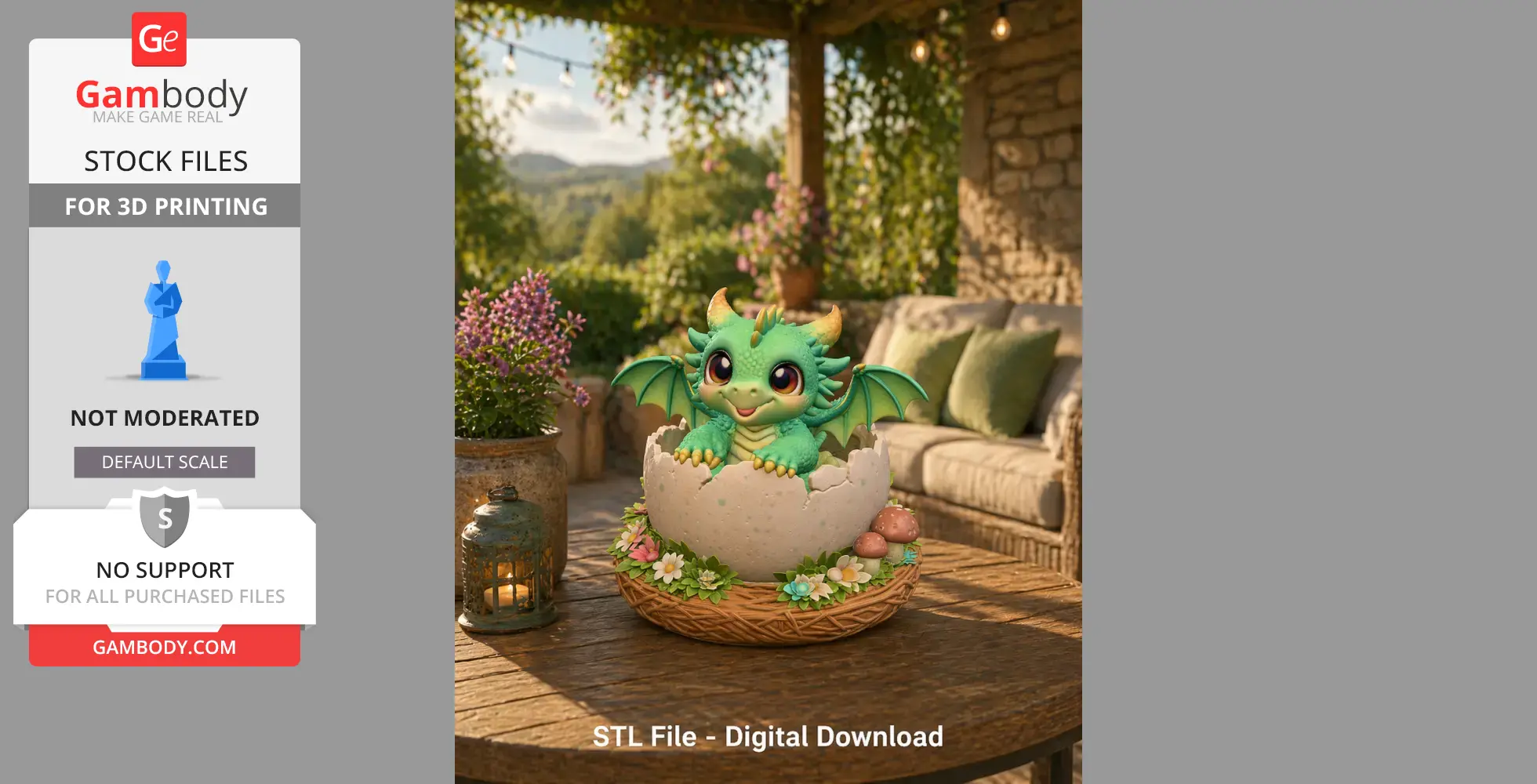 Cute baby dragon emerging from an egg, surrounded by flowers, on a wooden table.