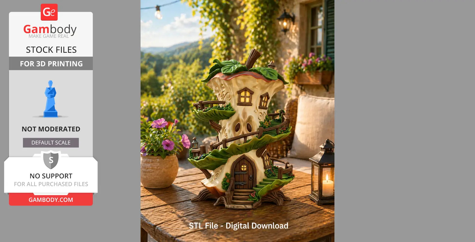 A whimsical apple core house model with windows, stairs, and foliage, set on a wooden table outdoors.