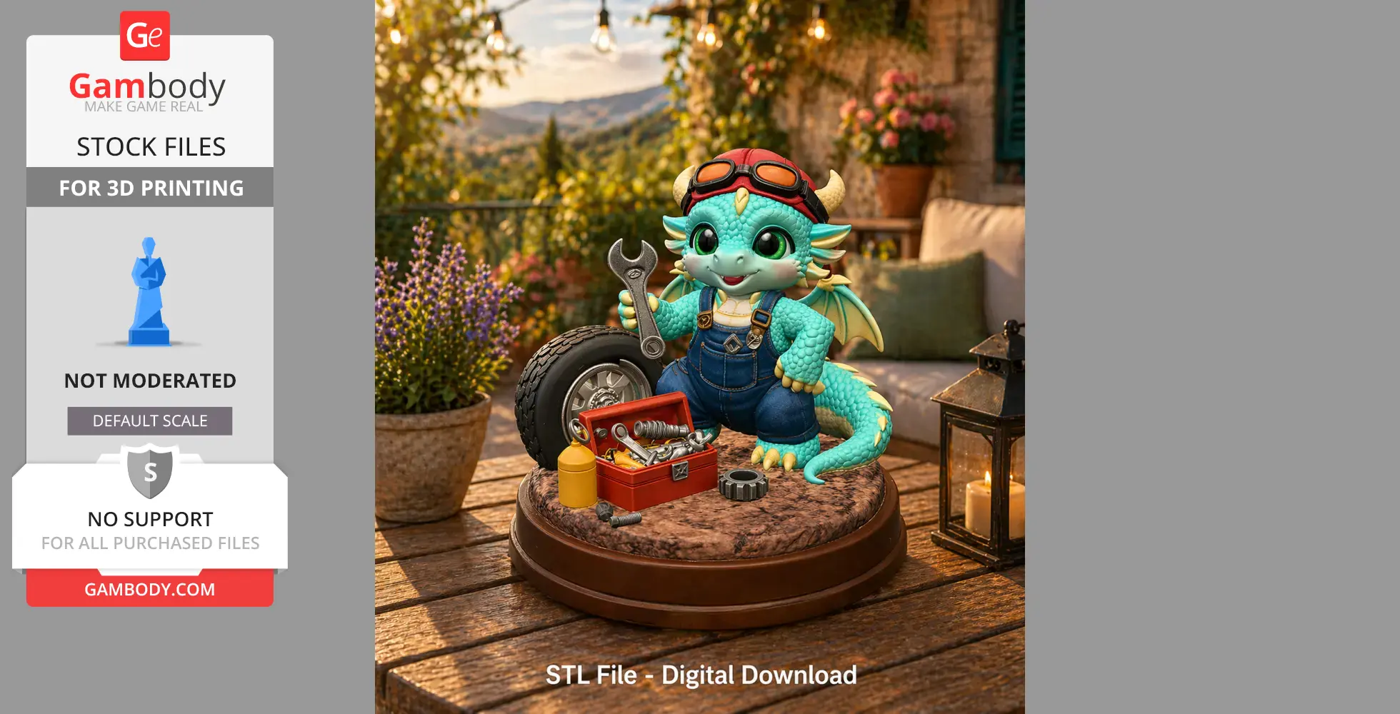 A cute dragon in overalls with tools, sitting on a wooden surface with colorful flowers and lights in the background.