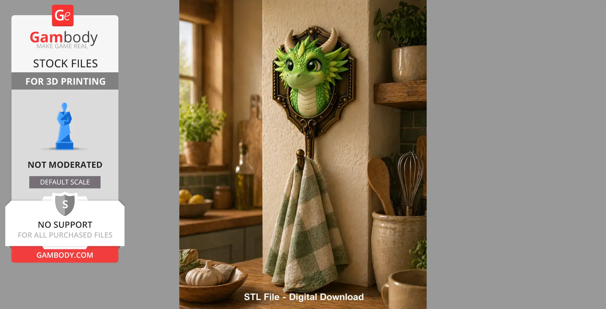 Green dragon head wall hook holding a checkered towel in a cozy kitchen setting.