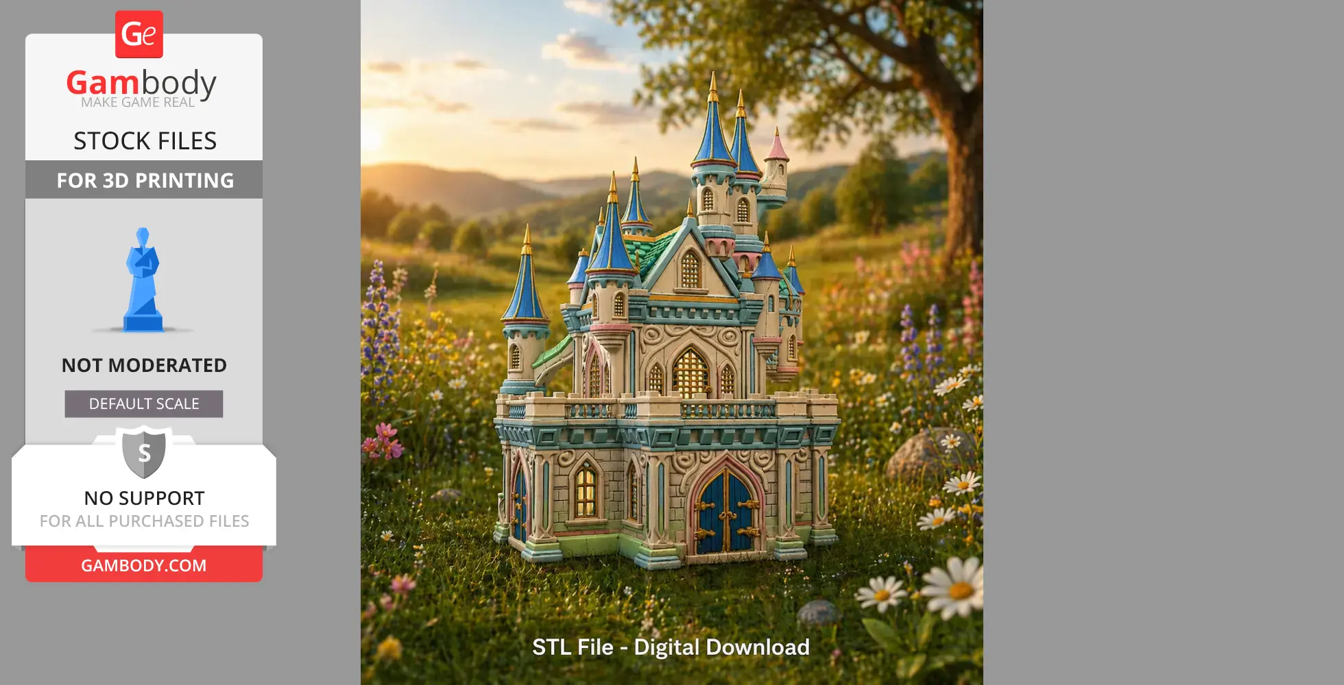 Miniature fantasy castle with blue spires, set in a scenic field of wildflowers.