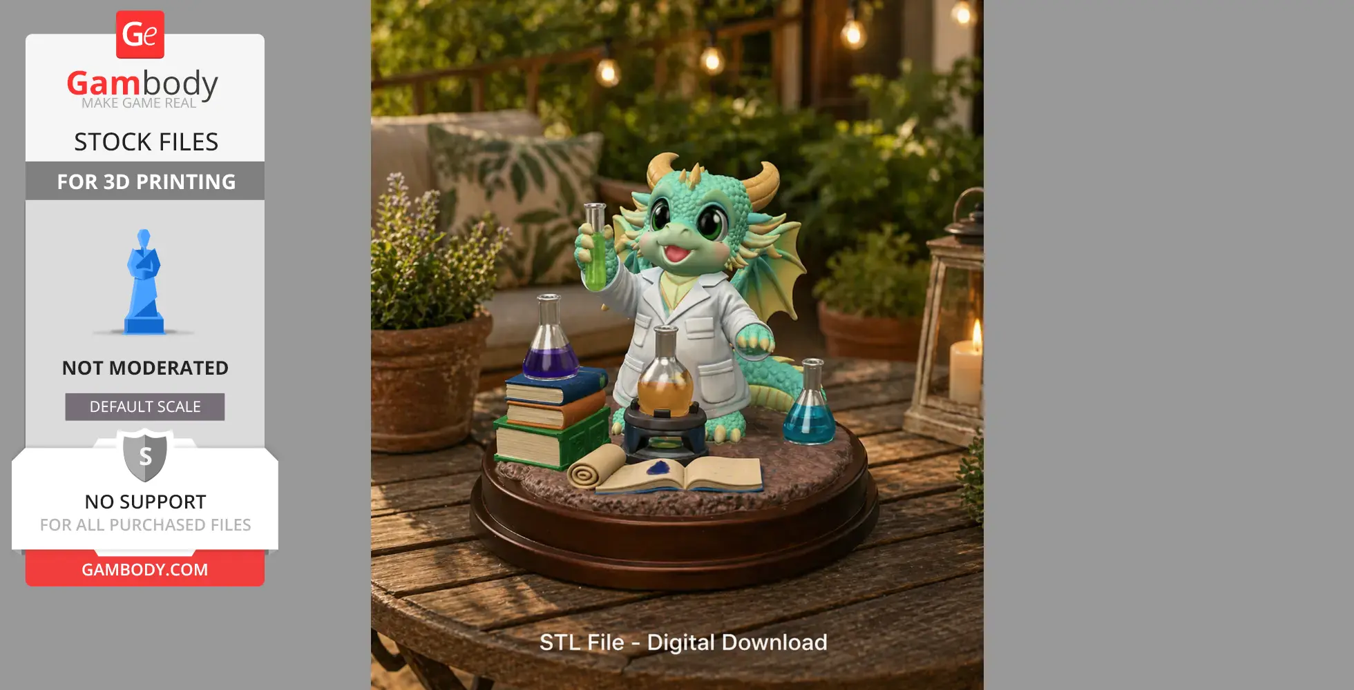 A cute dragon in a lab coat holds a test tube. Surrounded by flasks, books, and a scroll.